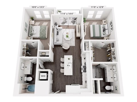 A floor plan of an apartment with a living room, kitchen, and two bedrooms.